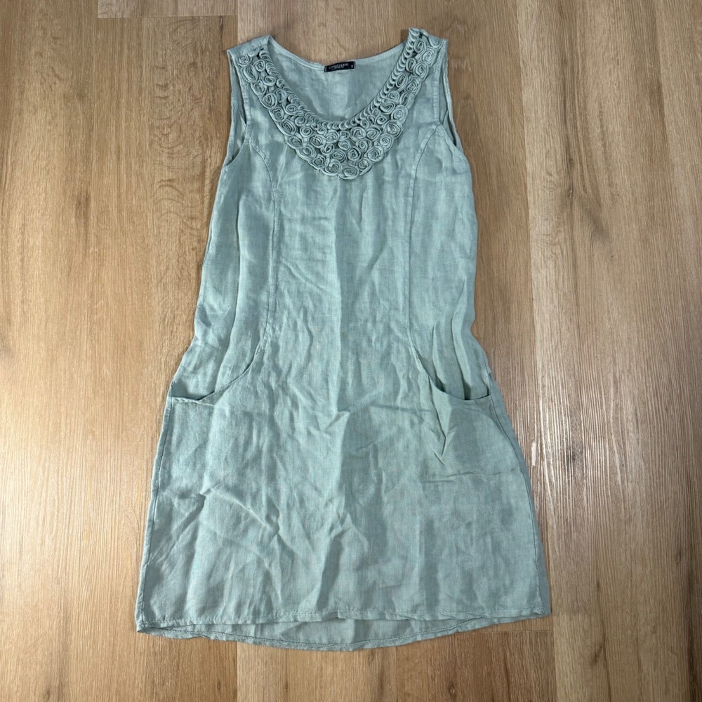 Lungo L'Arno Italy Linen Rosette Neckline Shift Dress Small Minimalist Beach